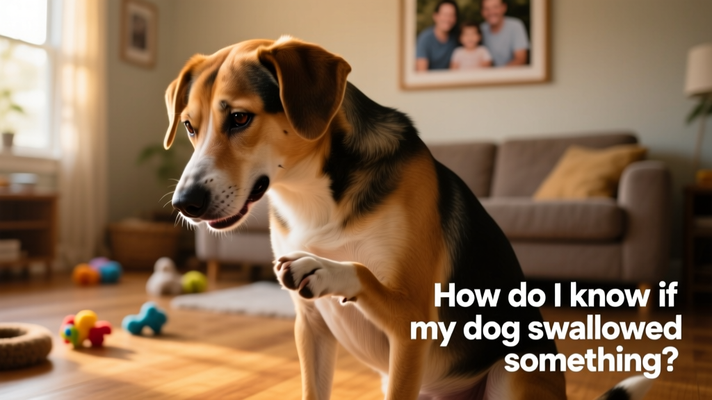 Dog showing signs of discomfort—hunched posture, whining, or pawing at the abdomen