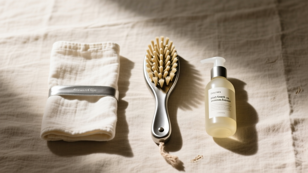 Flat lay sustainable silver care kit with reusable untreated flannel cloth, horsehair brush, and mild soap on raw linen fabric.