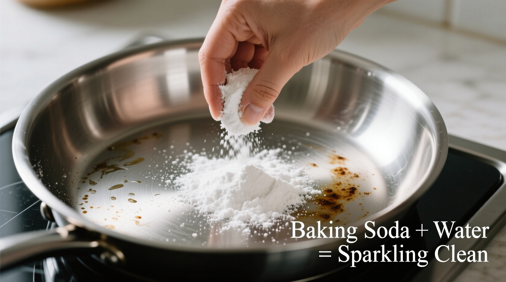 Hand demonstrating baking soda cleaning method in stainless steel pan