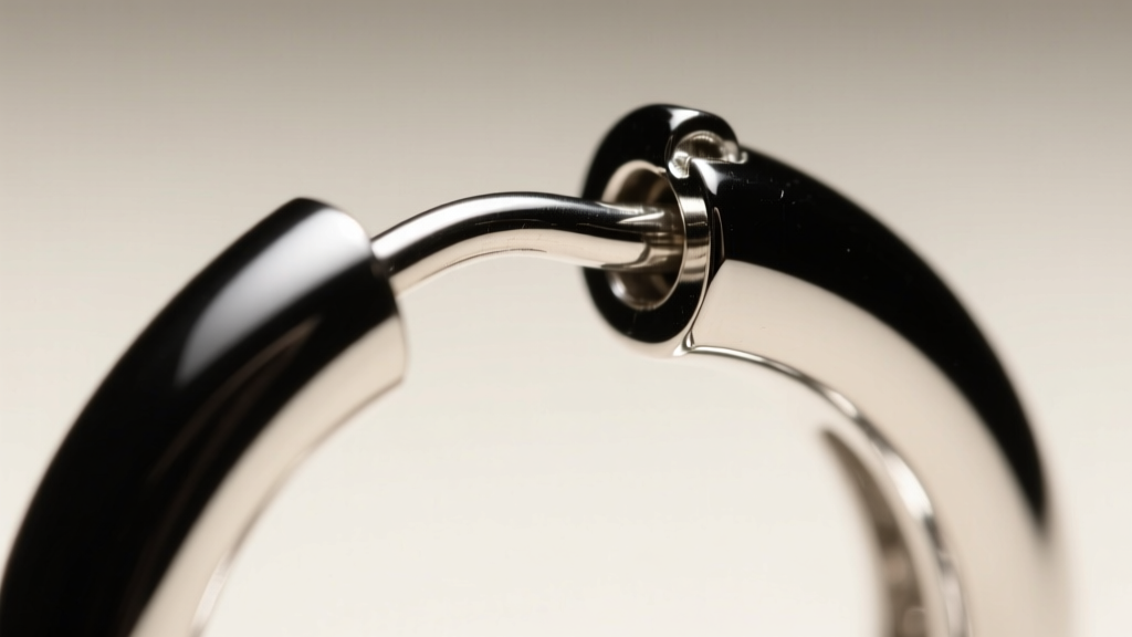 Macro shot of a black rhodium plated sterling silver hoop earring hinge, showing the high-polish finish and secure snap clasp.