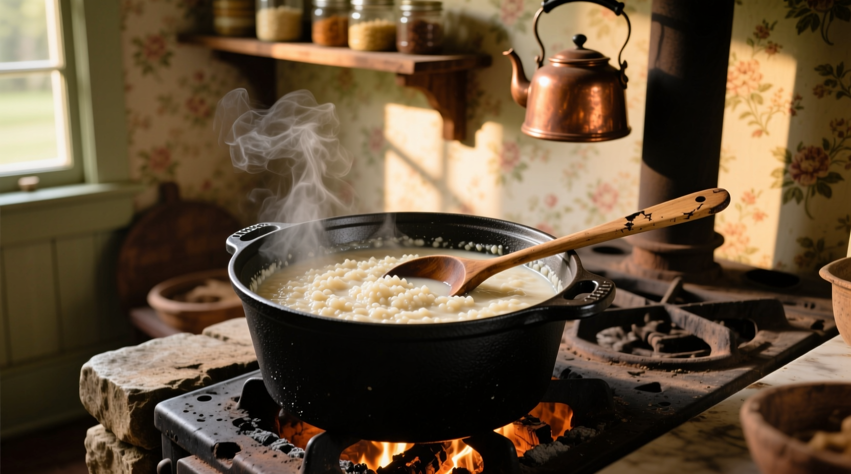 Creamy white grits in a cast iron pot with wooden spoon