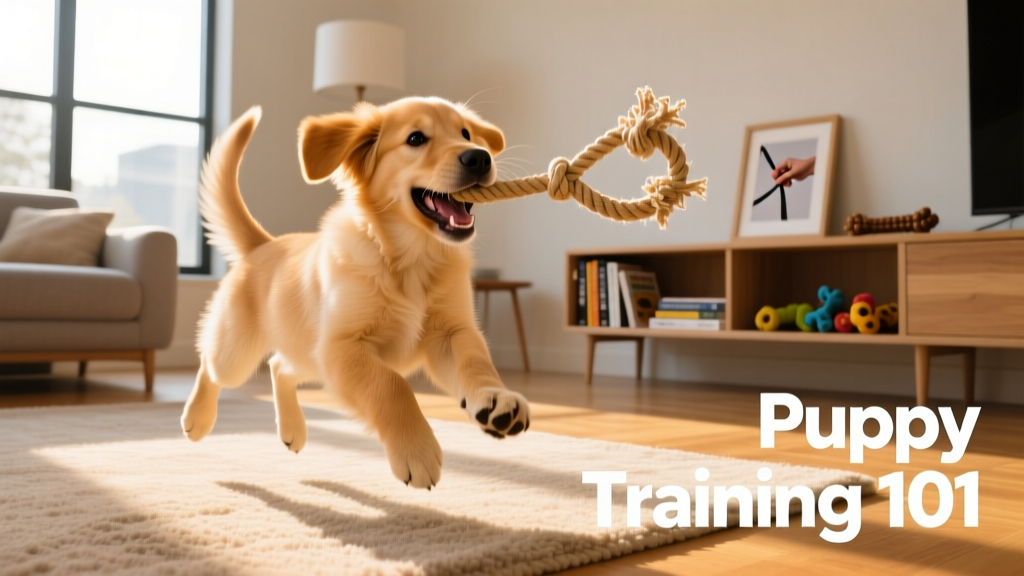 A happy, energetic puppy mid-play with a soft rope toy in a sunlit living room