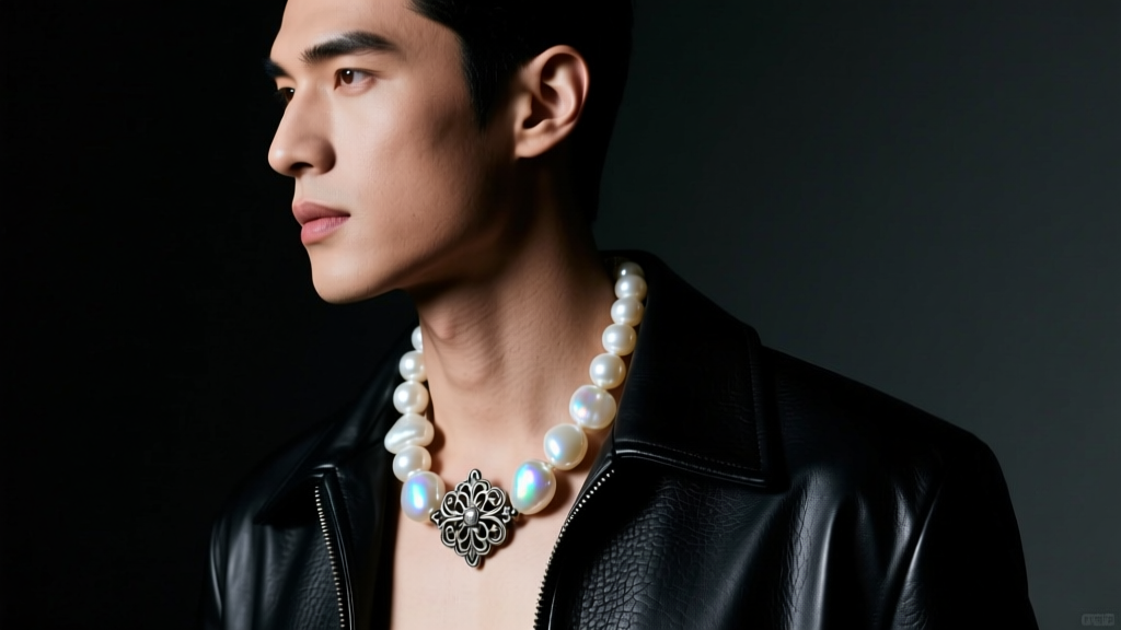 Male model in a leather jacket wearing chunky baroque pearl necklace with oxidized silver clasp under moody, dramatic studio lighting
