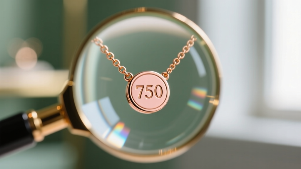 Macro view of a loupe inspecting a tiny 750 hallmark on an 18k rose gold necklace clasp against a softly blurred backdrop
