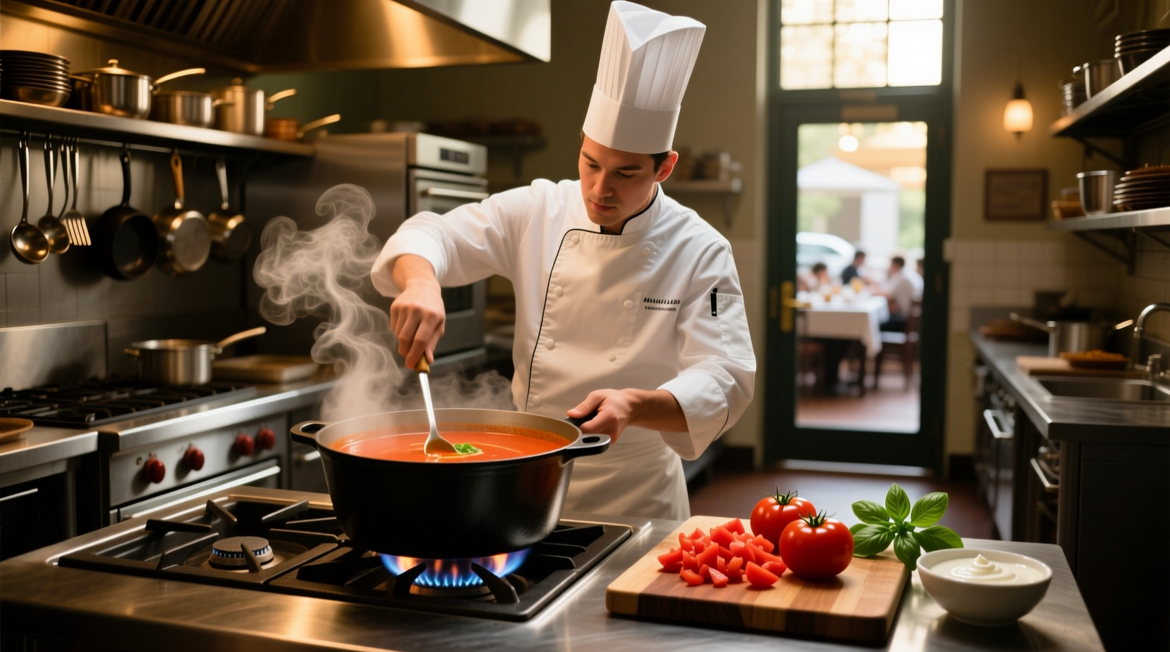 Chef preparing fresh tomato soup in restaurant kitchen