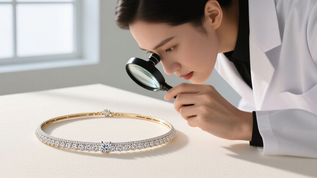 Jeweler using a loupe to inspect micro-pave settings on a white gold and diamond name necklace, highlighting precise metalwork