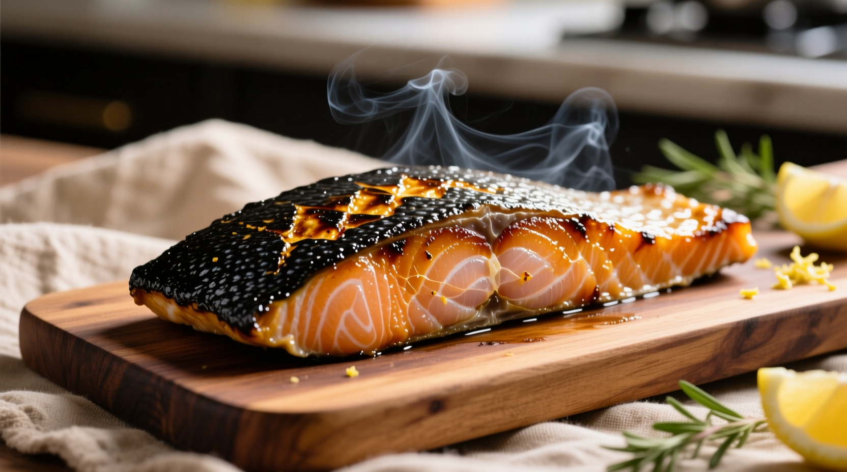 Perfectly blackened salmon fillet with golden crust