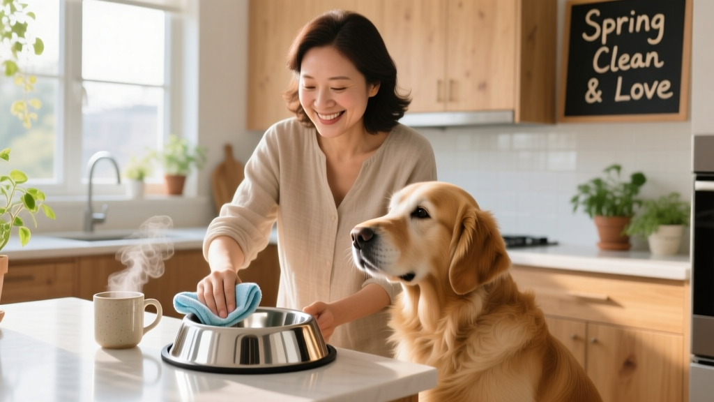 Pet parent wiping down a stainless steel food bowl with a vinegar-soaked cloth