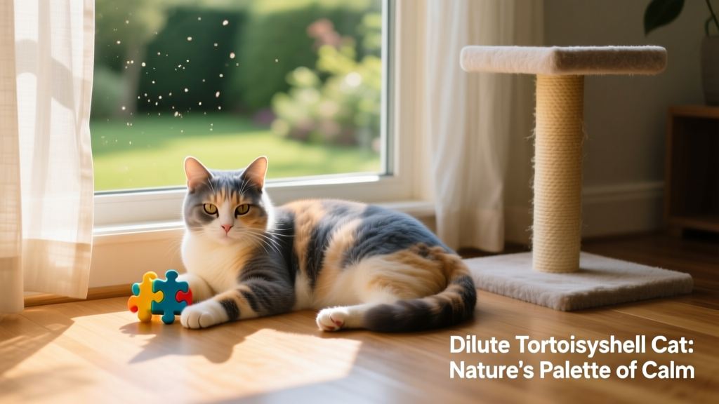 A relaxed dilute tortoiseshell cat lounging on a sunny windowsill beside a cat tree and puzzle toy, illustrating everyday enrichment