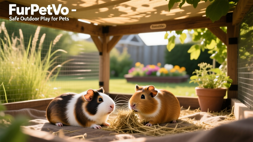 Two guinea pigs relaxing under a shady canopy in a FurPetVo outdoor playpen