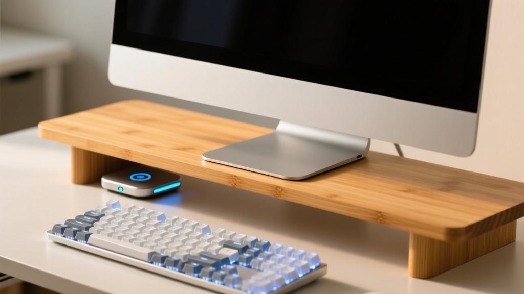Close-up of a budget bamboo monitor riser elevating a 27-inch display, with a wireless charging stand and mechanical keyboard tucked neatly beneath.