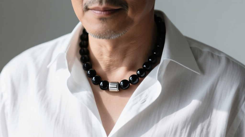 Close-up of a man wearing a 6mm matte black onyx beaded necklace with a silver clasp, styled with an unbuttoned white linen shirt.