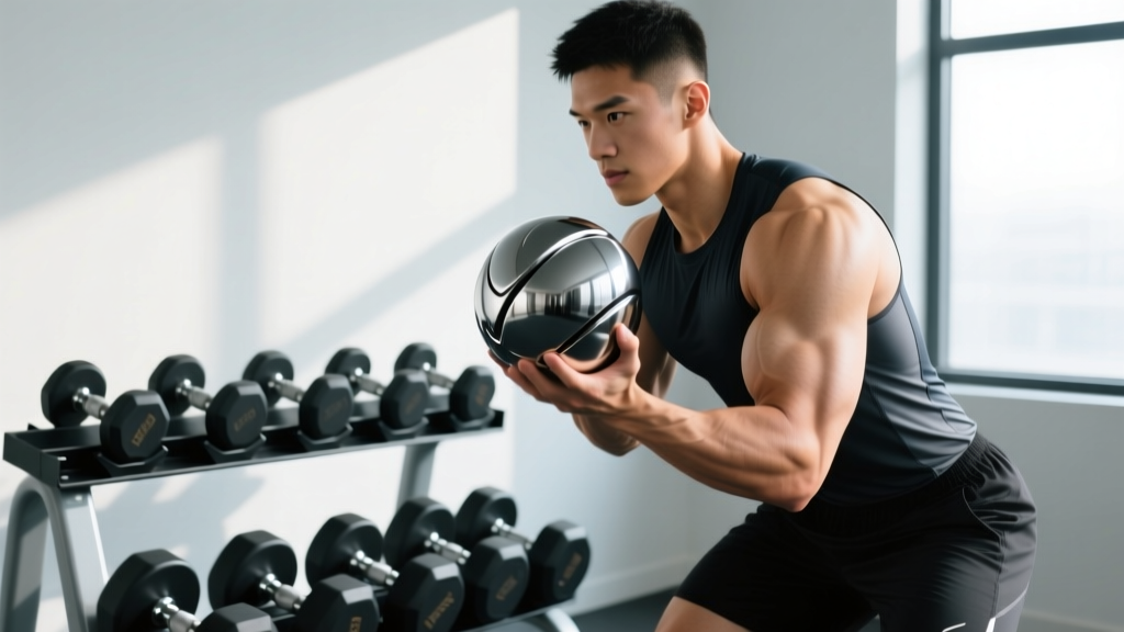 Athlete gripping a specialized spherical dumbbell for forearm rotational training next to a rack of modern adjustable dumbbells