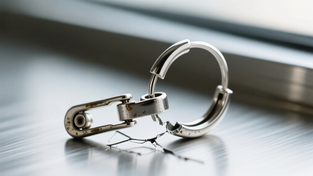 Macro photo of a broken hinged snapback clasp on a silver hoop teardrop earring, revealing the bent locking mechanism and hinge