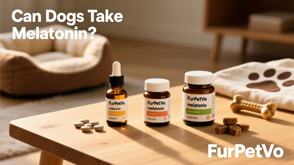 A variety of FurPetVo melatonin products—liquid bottle, tablets, and soft chews—arranged neatly on a clean surface