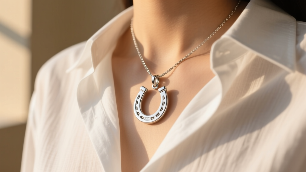 Minimalist sterling silver horseshoe pendant on a 2.5mm rope chain worn over a crisp white linen shirt in warm sunlight
