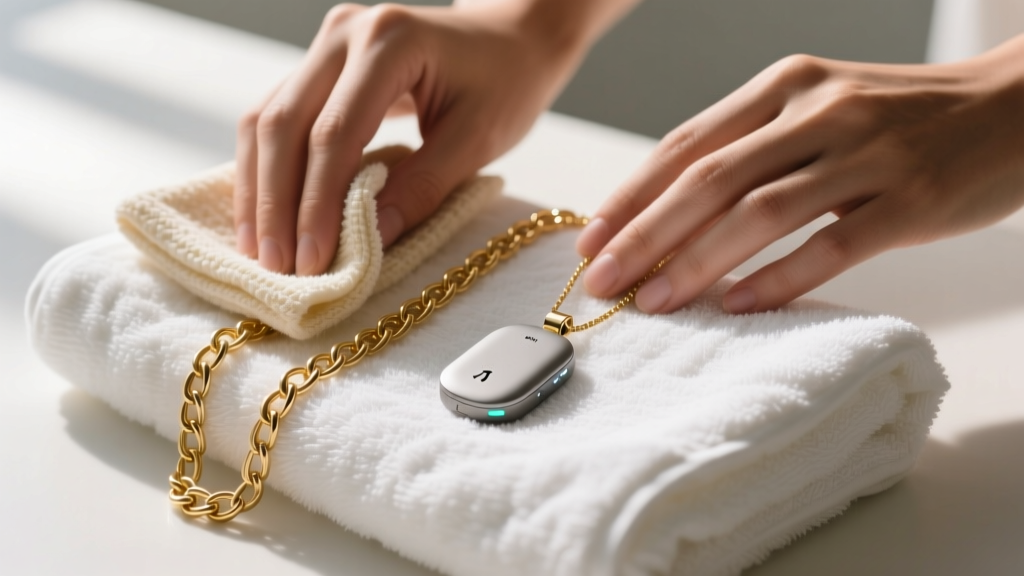 Hands wiping a gold chain with a soft cloth, while the electronic smart pendant rests safely aside on a dry white cotton towel