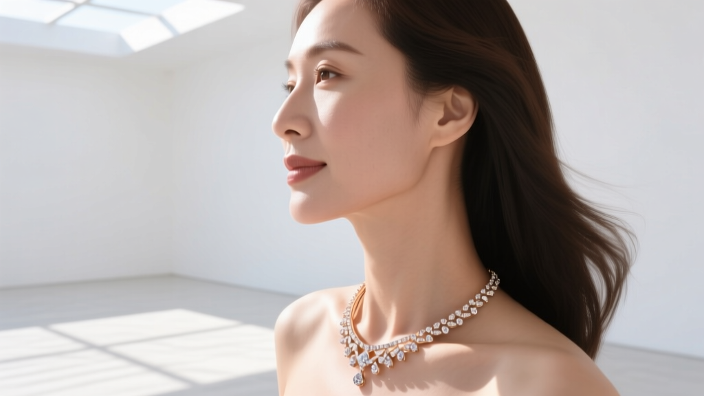 Woman wearing a rose gold open collar necklace with diamond accent, side profile against a bright sunlit minimalist backdrop.