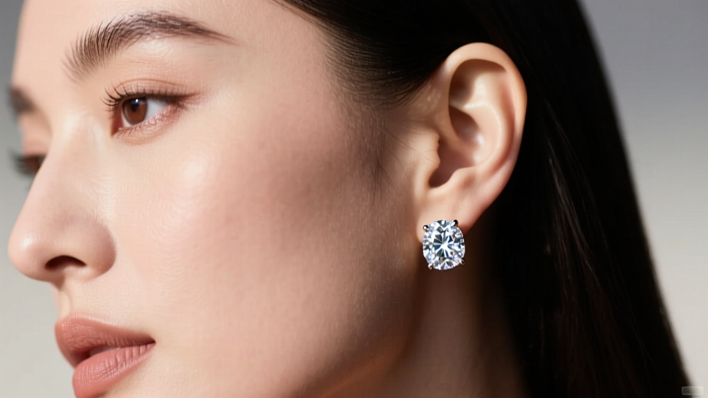 Close-up of a woman wearing heavy 10 carat diamond stud earrings, showing the slight forward droop and tension on her earlobe.