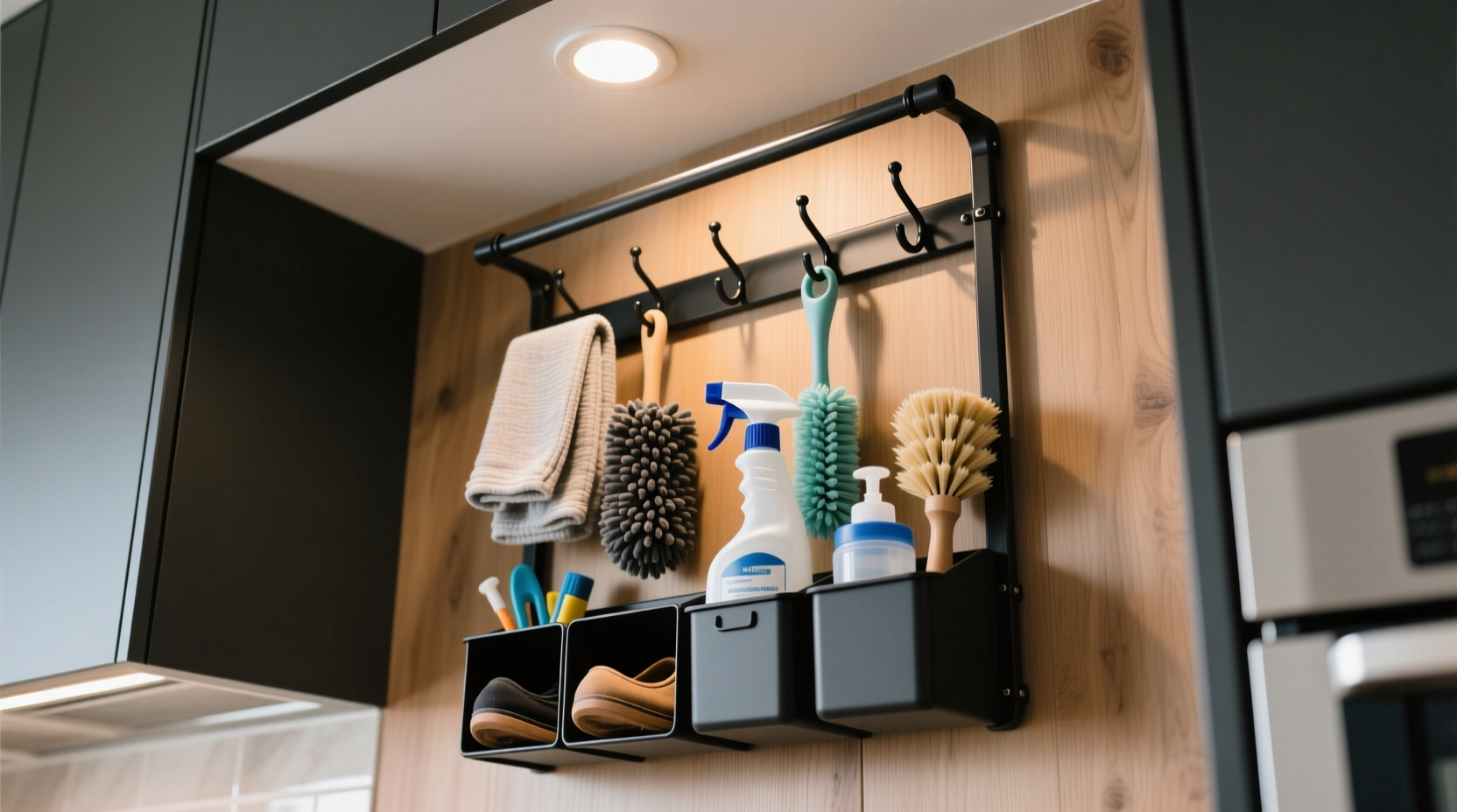 repurpose an over the door shoe holder into a cleaning