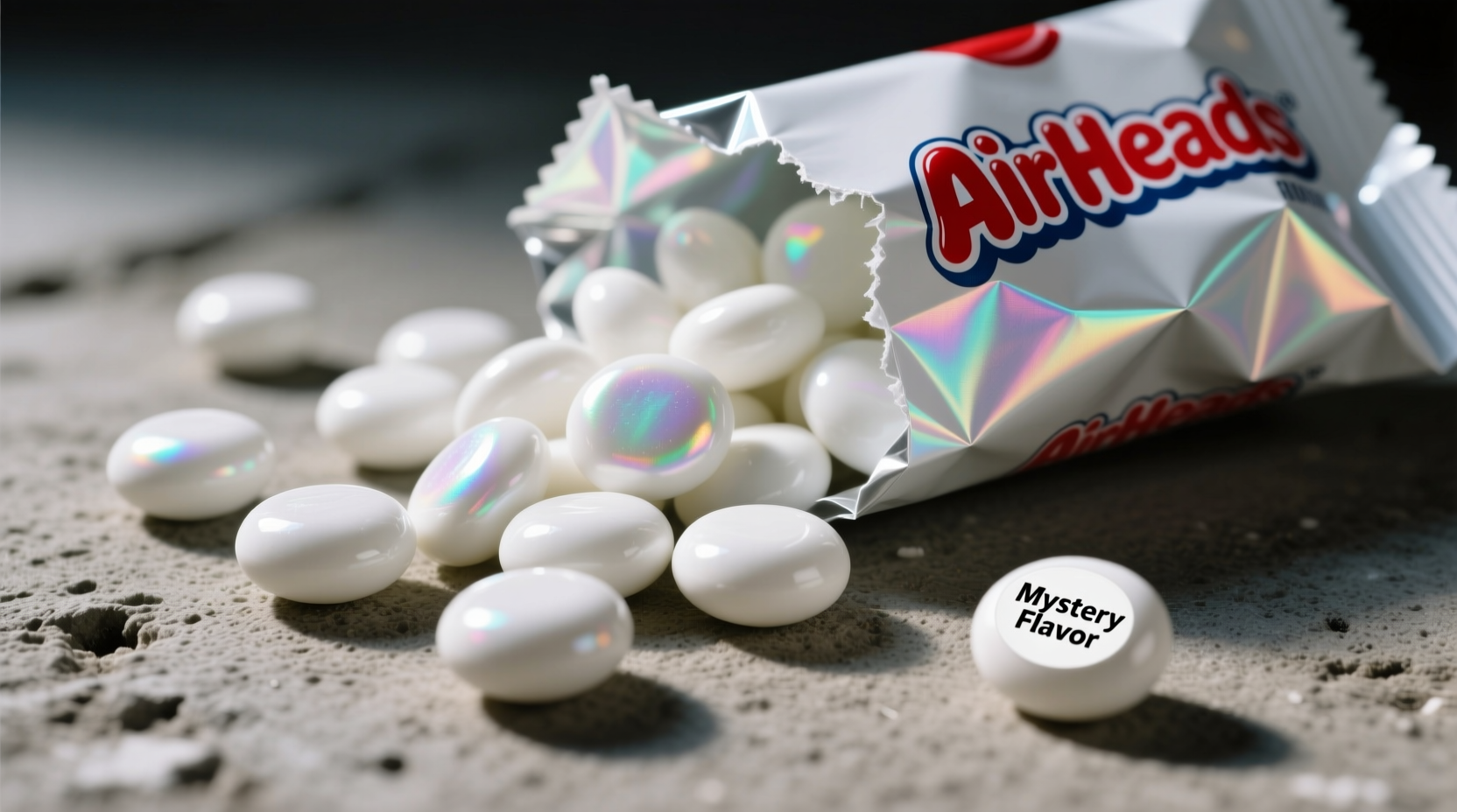 Airheads Mystery Flavor candy pieces on wrapper showing color contrast