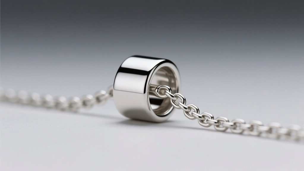 Side view of a sterling silver tube bail on a 1.5mm box chain, highlighting the seamless metal connection under soft studio lighting.