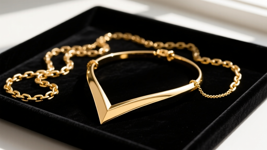 Flipped upside-down gold V lariat necklace on a dark velvet tray, showing the tangled chain and displaced center of gravity