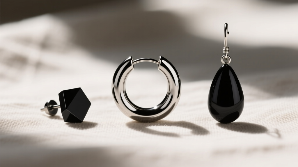 Flat lay of three budget black mens earrings including a 16G seamless hoop, an 18G geometric stud, and a matte onyx drop earring