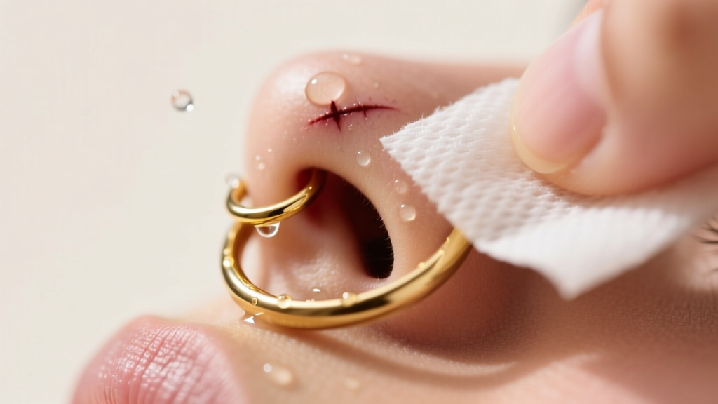 Macro shot of a healed 16-gauge gold nostril hoop being gently wiped with non-woven gauze soaked in warm saline solution
