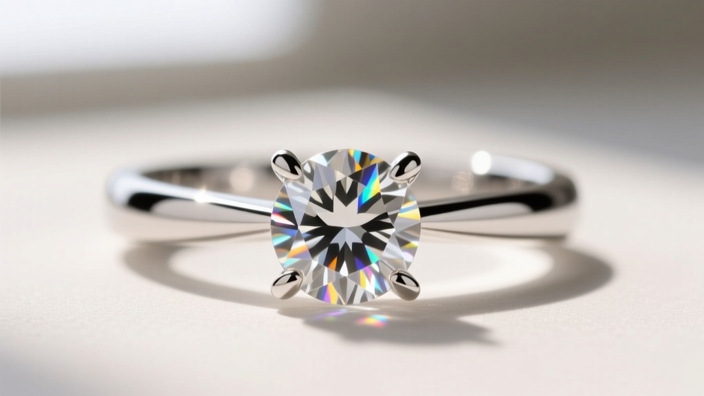 Macro shot of a platinum setting holding a round diamond, highlighting the smooth, polished tips of four securing metal prongs.