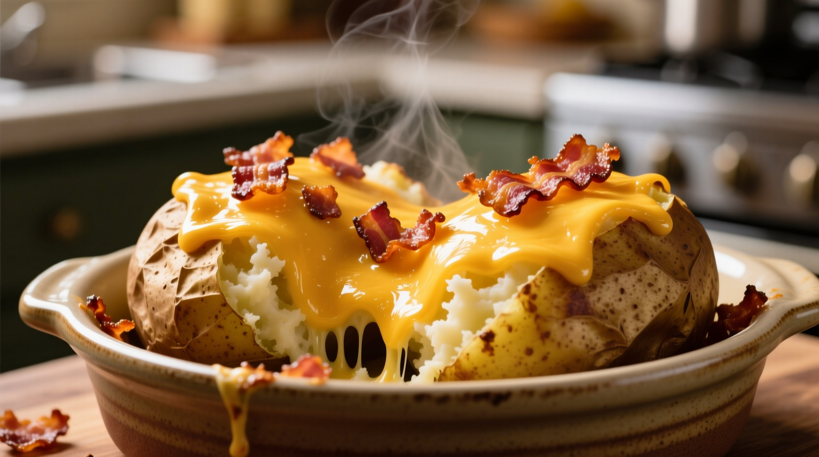 Golden twice baked potatoes with melted cheese and bacon topping