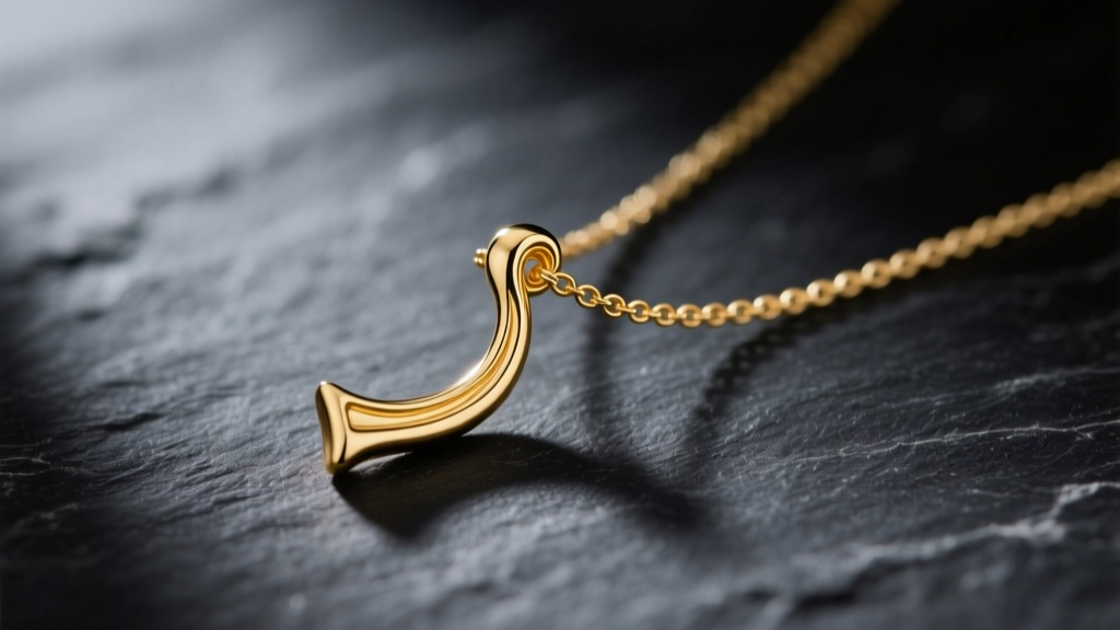 Gold vermeil wishbone pendant resting on a 1.2mm cable chain, illuminated by soft studio lighting against a dark slate background