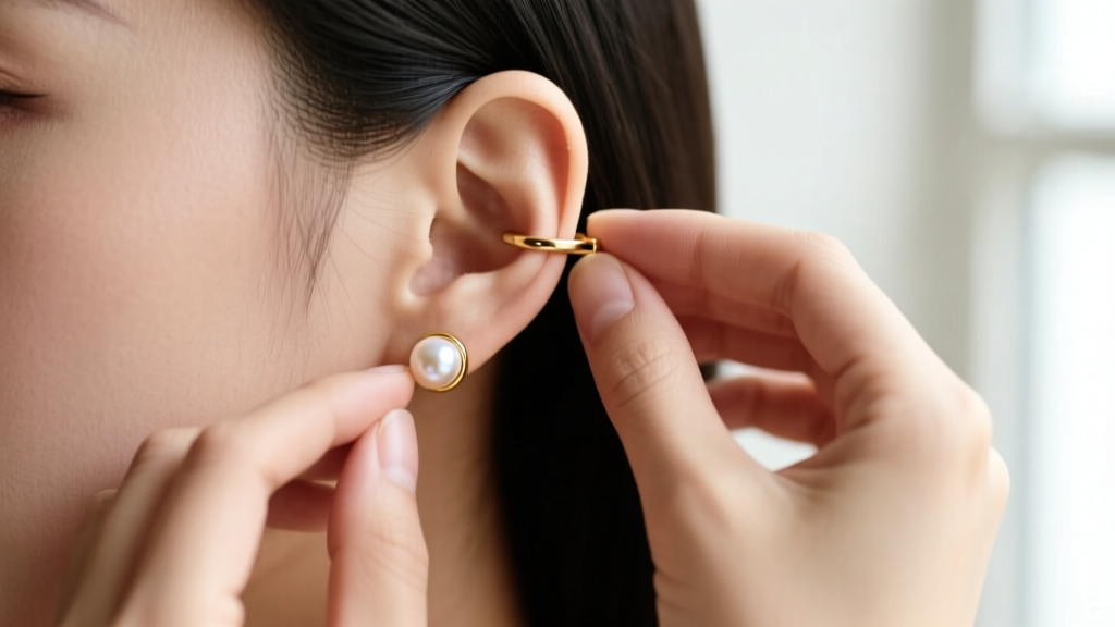 Hands gently adjusting tension of a 20-gauge gold pearl ear cuff on the helix cartilage, demonstrating proper fit and placement.