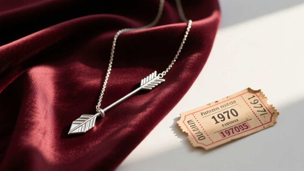 Flat lay of a delicate sterling silver arrow necklace on a silk scarf next to a vintage concert ticket, soft morning light