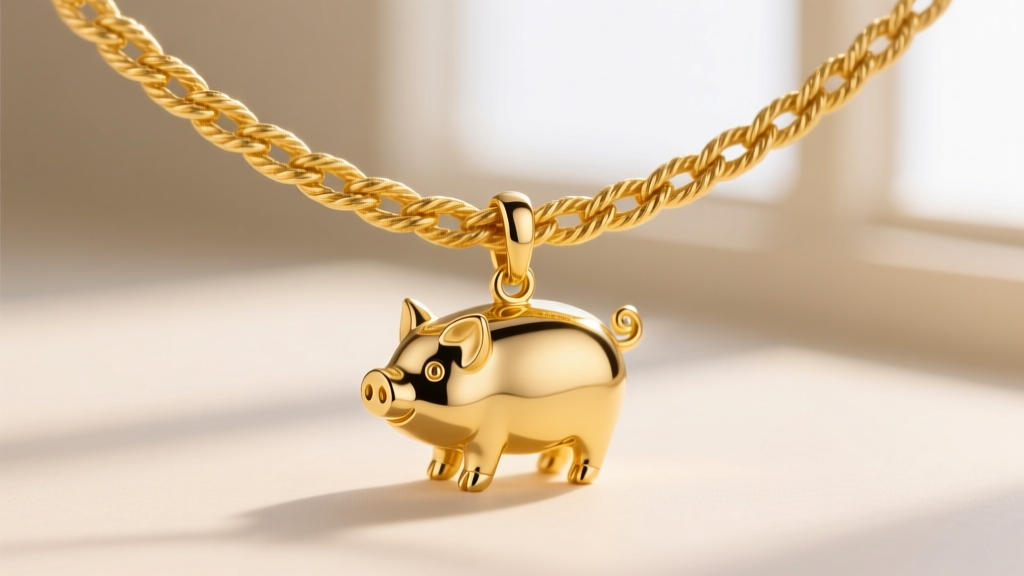 Macro shot of a 1.2mm 14k yellow gold rope chain holding a small polished gold pig pendant against a softly blurred background.