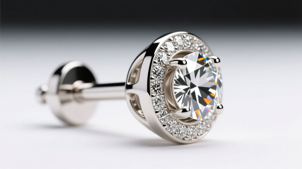 Side profile of a die-struck 14k white gold bezel-set diamond stud, highlighting the low-profile basket and sturdy friction post.