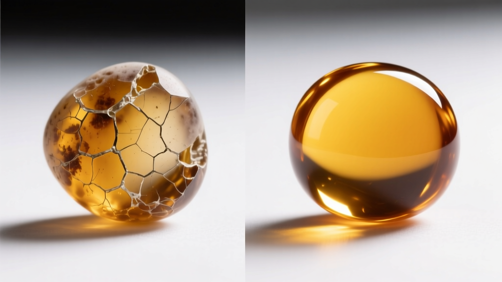 Side-by-side comparison showing a cloudy, micro-fractured amber bead damaged by alcohol next to a vibrant, clear polished amber bead
