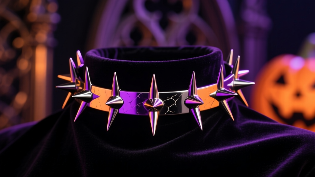 Gothic 316L surgical steel spike choker on black velvet, illuminated by moody purple and orange Halloween party lighting.