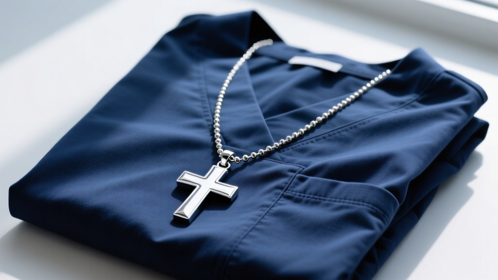 Silver medical cross pendant on a twenty inch ball chain resting on folded navy blue nursing scrubs in soft natural window light