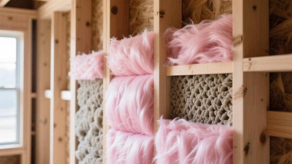 Close-up of pink fiberglass and stone wool blanket insulation batts installed in exposed wooden wall framing during new home construction