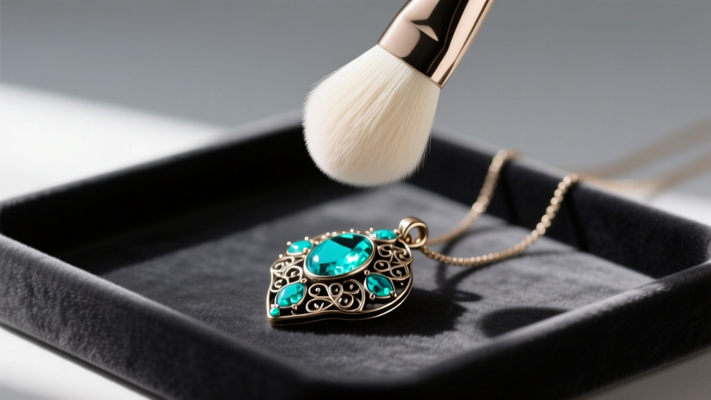 A soft-bristled makeup brush gently dusting a complex mixed-metal and turquoise Alexis Kirk pendant resting on a dark velvet tray.