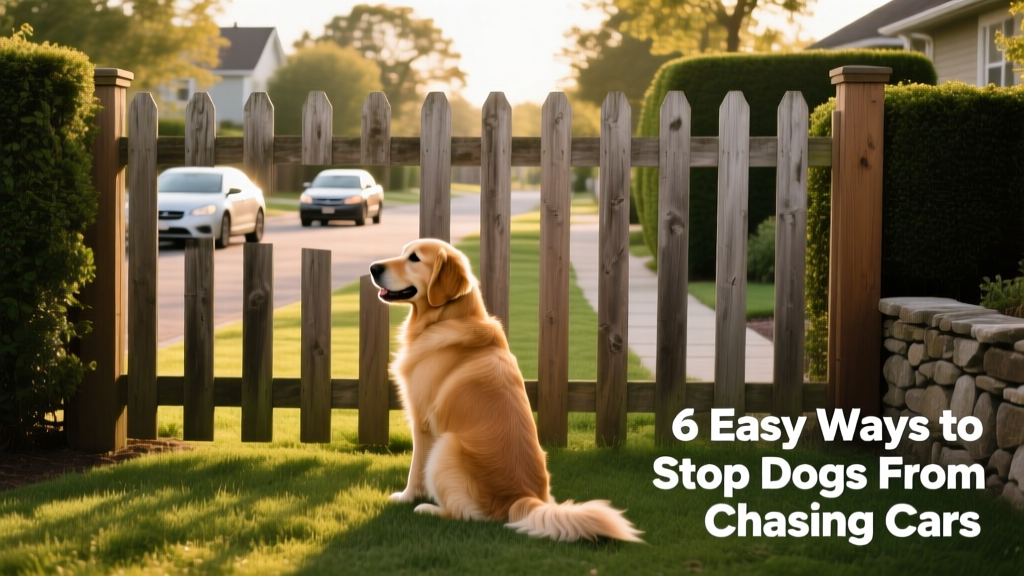 Dog safely behind a tall, well-maintained backyard fence with cars passing on a quiet street beyond