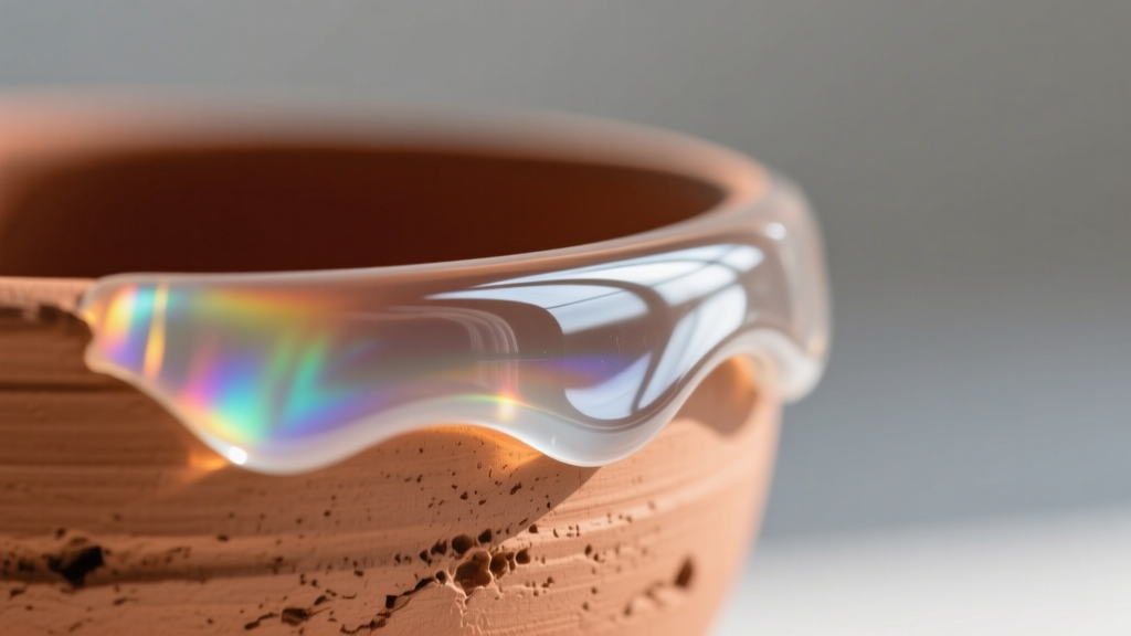 Macro close-up of a glossy epoxy resin coating over textured terracotta air dry clay, highlighting the moisture barrier finish.