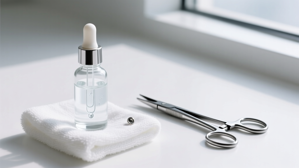 Glass dropper of sterile saline resting on a white towel beside sterilized titanium hemostats used for painless earring removal.
