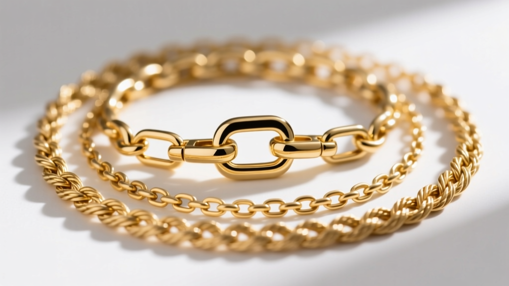 Close-up of a 1.5mm gold rope chain and 1.2mm box chain layered together, showing contrasting textures and secure lobster clasps