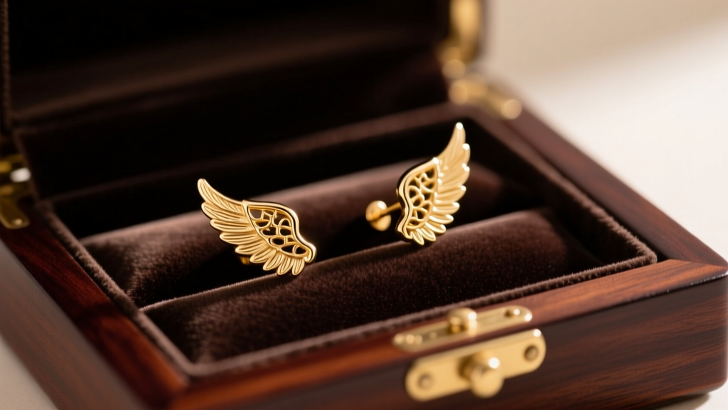 Delicate gold angel wing stud earrings safely secured in individual velvet slots of a dark mahogany jewelry box to prevent bending.