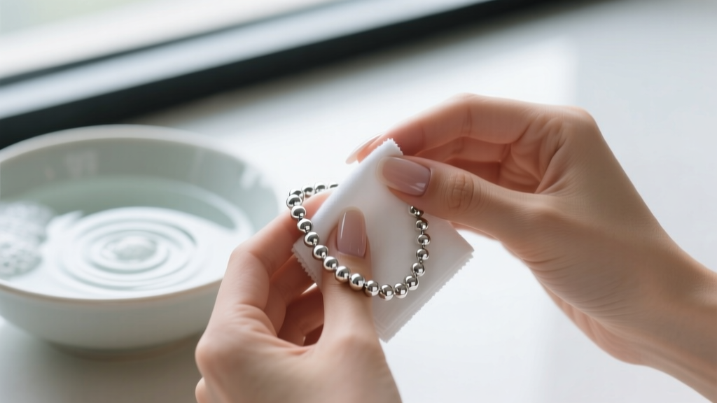 Hands using a microfiber cloth to polish a sterling silver beaded necklace, with a bowl of soapy water blurred in the background.