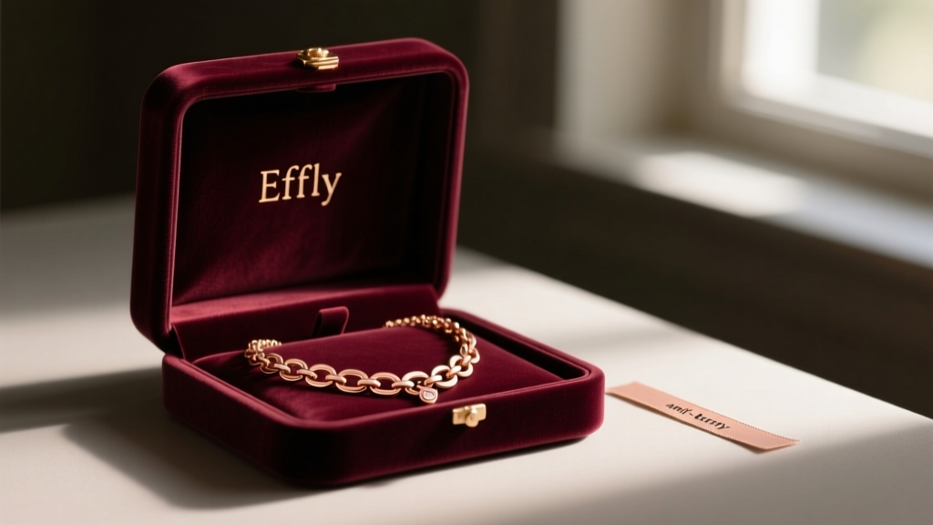 A velvet-lined jewelry box containing an Effy rose gold necklace, stored alongside an anti-tarnish strip in a dimly lit room