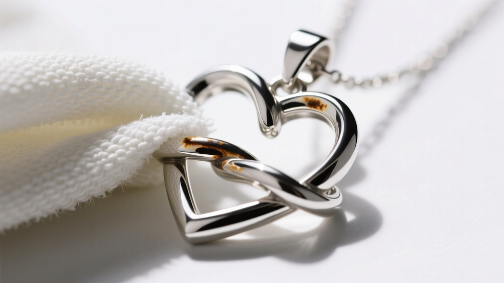 Microfiber cloth rubbing the raised edges of a sterling silver heart knot pendant, revealing a bright mirror metal finish.