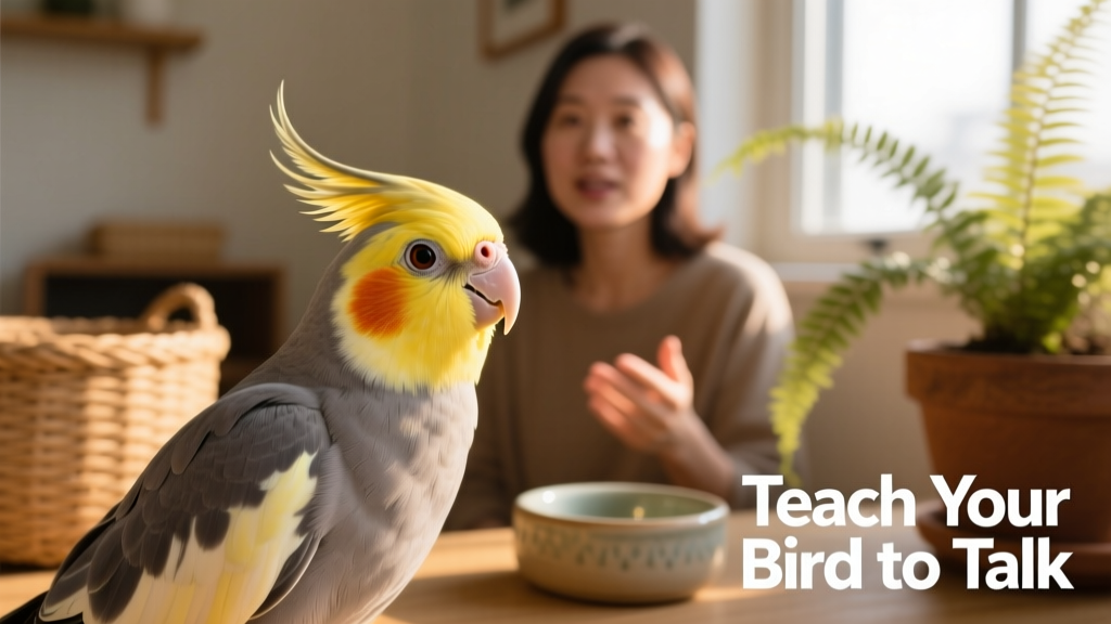 A close-up of a cockatiel tilting its head attentively while listening to a person speaking slowly and clearly